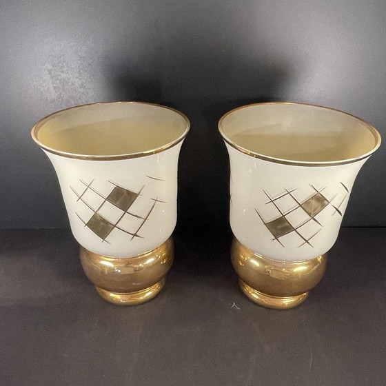 Art Deco Golden Sandblasted Glass Vases by Verreries de Laeken, 1935, Set of 2 (photo 5 of 10)