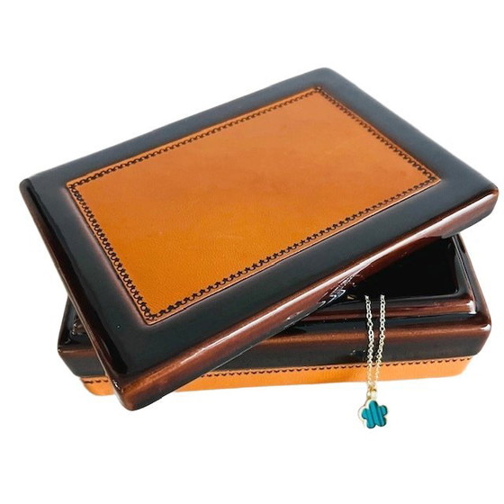 Image 1 of Vintage mid-century SC3 Italy jewelry box nubuck ceramic leather 1970s