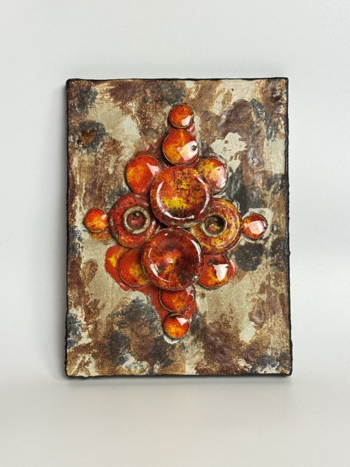 Mid-Century Design Ruscha Wall Tile Handpainted with High gloss orange tones combined with Matte Earth tones enamel. Germany,60s