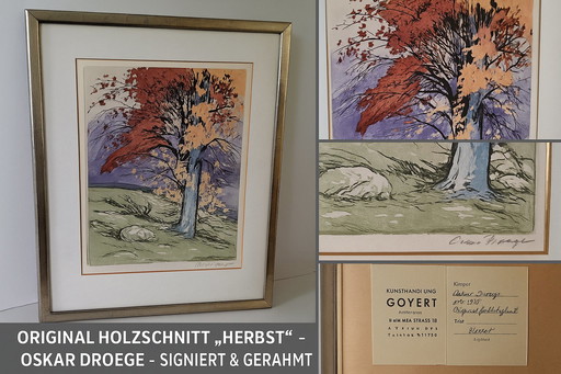Hand-Signed Autumn Woodcut by Oskar Droege - Framed Vintage Expressionist Print