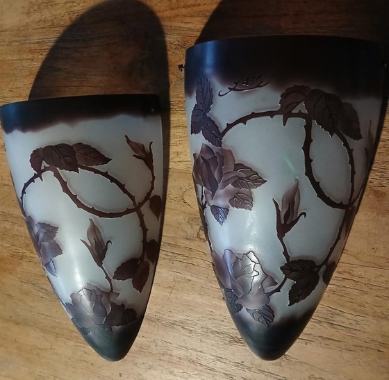 Image 1 of Art Nouveau Gallé pâte de verre wandkandelaars