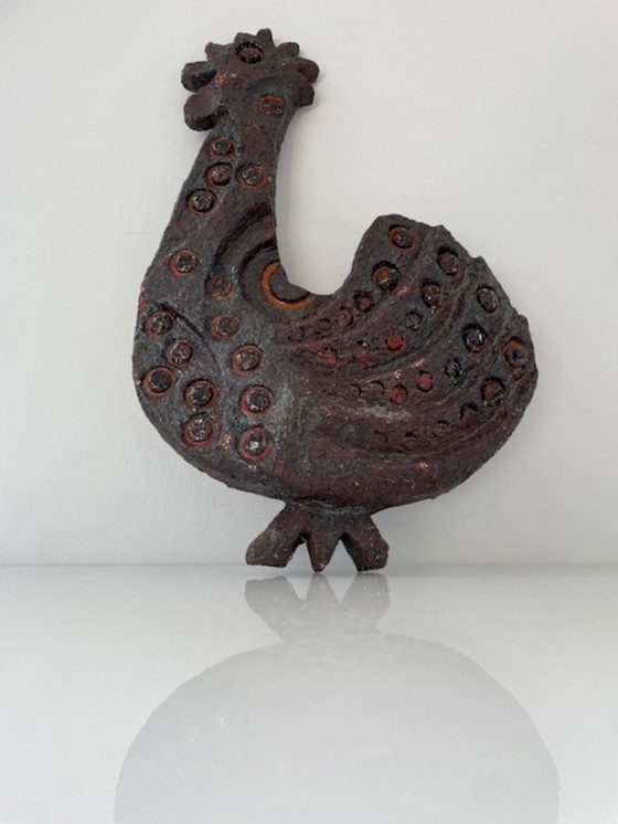 Image 1 of Zeldzame brutalistische wandsculptuur haan van keramiek