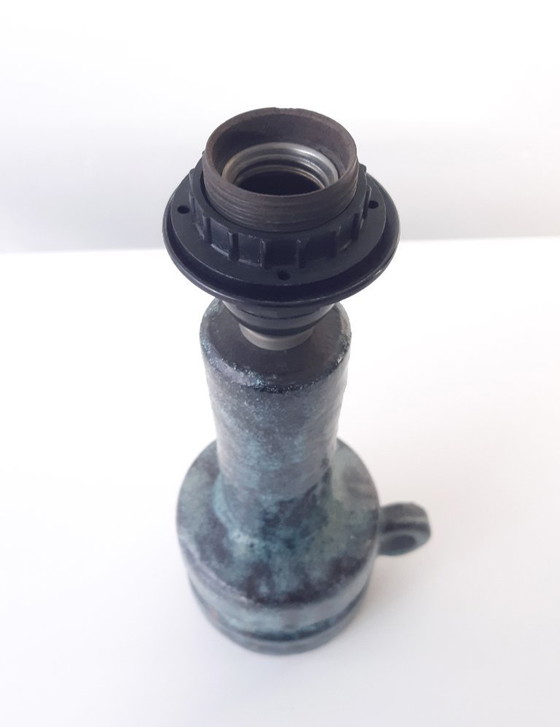 Image 1 of Blue turquoise ceramic lamp base with shades of black, vintage earthenware mcm lamp base