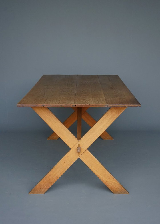 Image 1 of Rustic Cherry & Oak Wood Farmhouse X-Frame Dining Table, 1940s