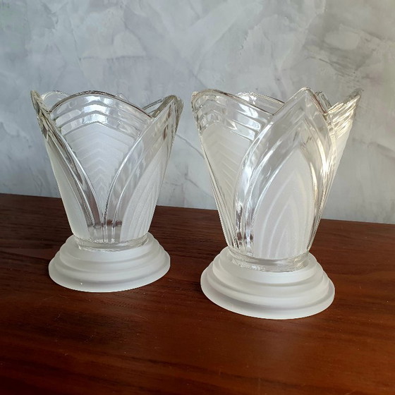 Image 1 of Art Deco Theelichten Vintage Frosted Glas 2 Stuks