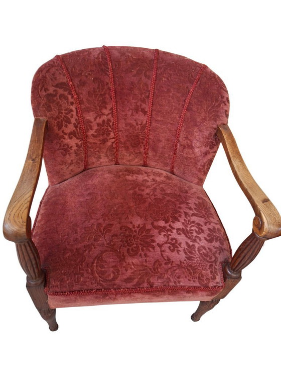 Image 1 of Élégante paire de fauteuils vintage en chêne et velours damassé des années 1960