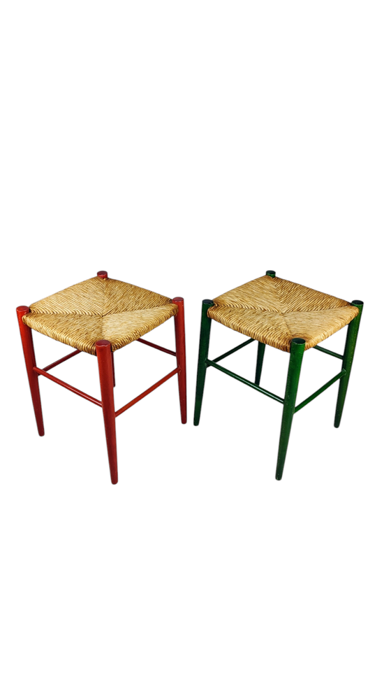 Image 1 of Ensemble tabourets joncs rouge et vert 1960S