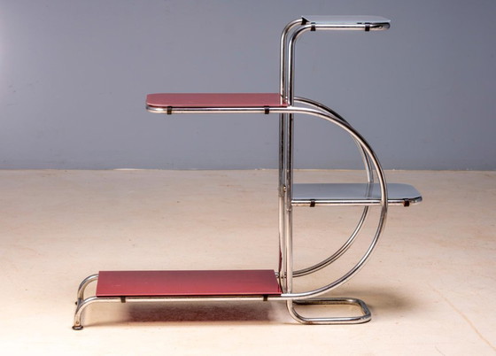 Bauhaus Tubular Steel Plant Stand by Emile Guyot for Thonet, Colored Glass Shelves, 1930s, Czechoslovakia, 90 (photo 3 of 6)
