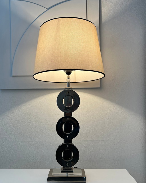 Table lamp - Metal, Steel, Boho Chic high-end polished nickel plexiglass circular disc table lamp