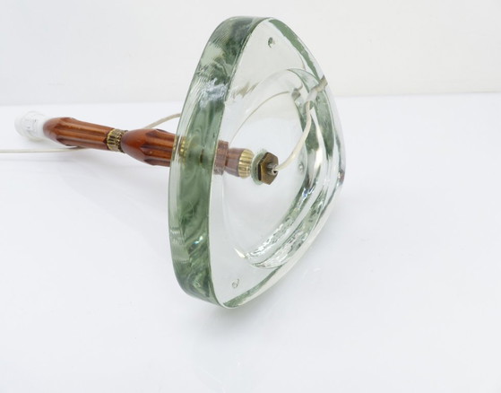 Scandinavian table lamp in aqua glass, wood and brass – attributed to Nybro Armaturfabrik, Sweden, 1960s (photo 7 of 8)