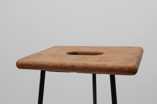 Modernist Industrial Iron and Oak Split Slats Stool, France ca. 1910