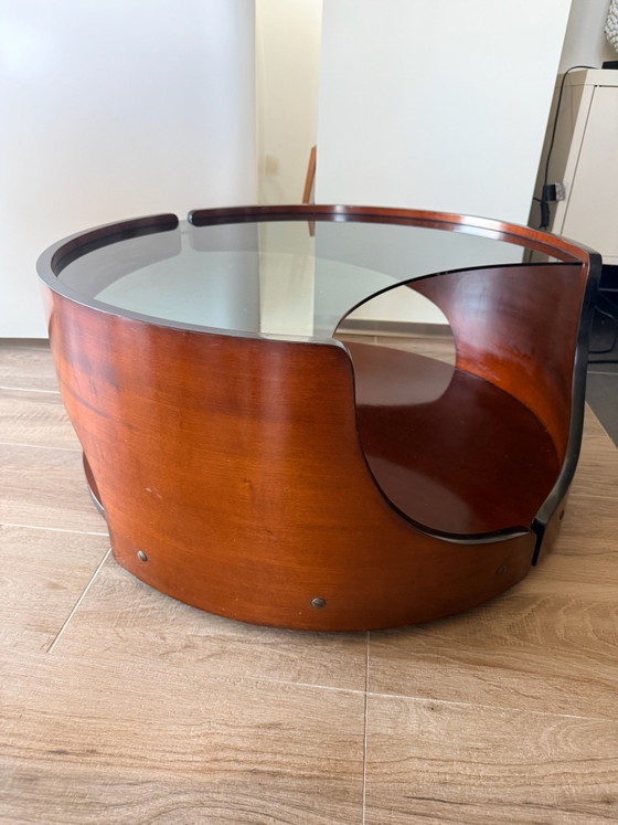 Italian Space Age Coffee Table – Smoked Glass & Curved Wood – 1970s (photo 4 of 15)