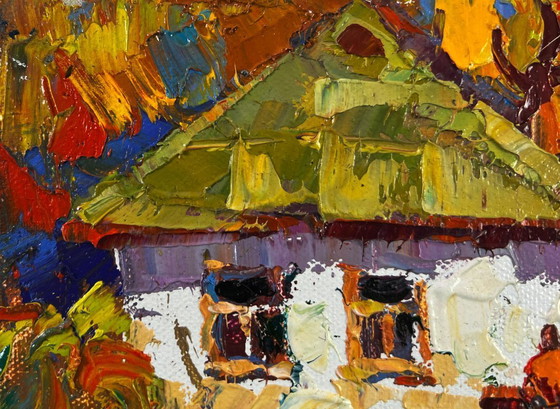 Image 1 of Original Oil Painting Village Day Landscape Light dances on every blade of grass