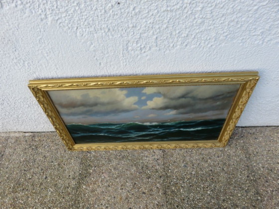 Image 1 of Dipinto incorniciato raffigurante un oceano molto agitato 45 cm x 76 cm