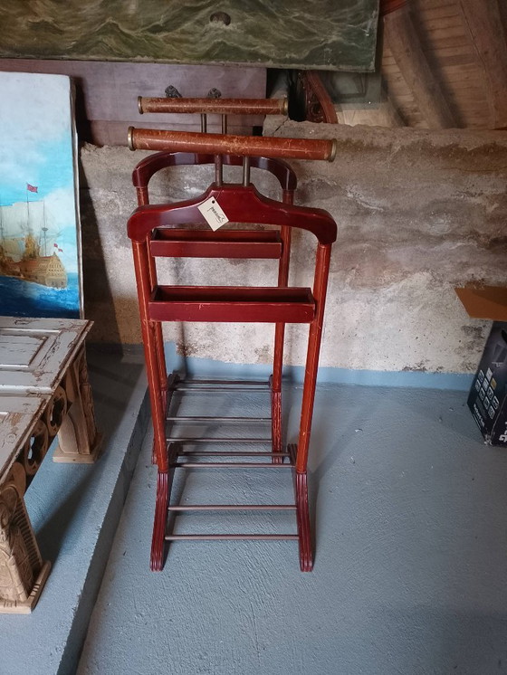 Image 1 of Pair of vintage wooden and leather valet stands