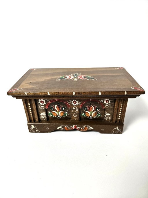 Vintage Wooden Hand Painted Floral German Bauernmalerei Storage Box | Bavarian Folk Art Trinket Box | Alpine Farmhouse Box