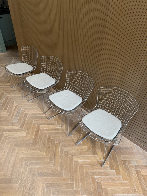 4x Knoll Bertoia Side Chair Chrom, Esszimmerstühle, Metall, Stoff, Beige (Foto 3 von 8)