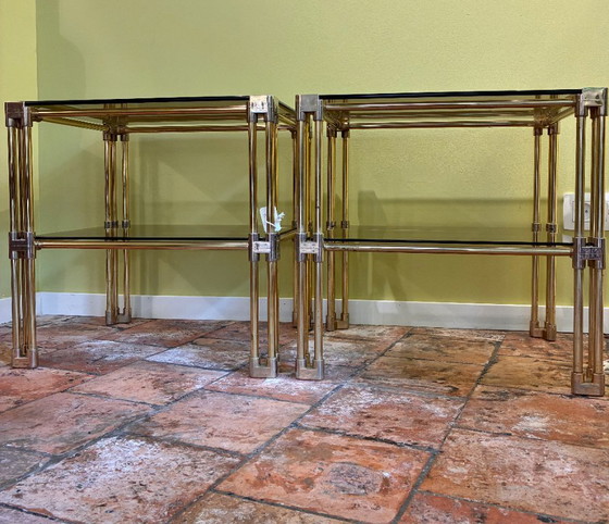 Pair of vintage Hollywood Regency style side tables, in brass and glass, dating from the 1970s. – Metal (photo 14 of 19)