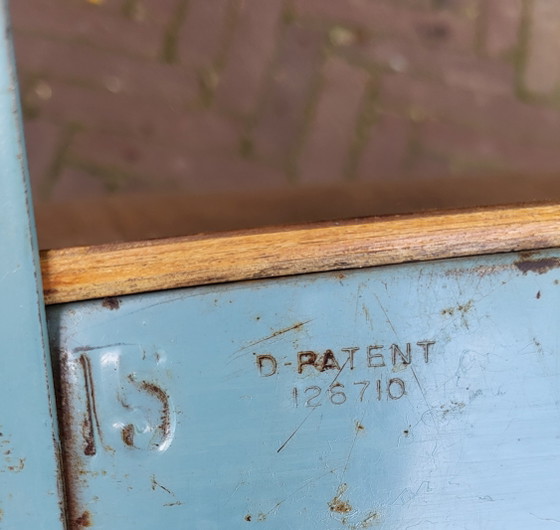 Banchetto scolastico anni '50/'60 modello "Envoy" American Seating Company, Scrivanie, Metallo, Legno, Blu (foto 10 di 14)