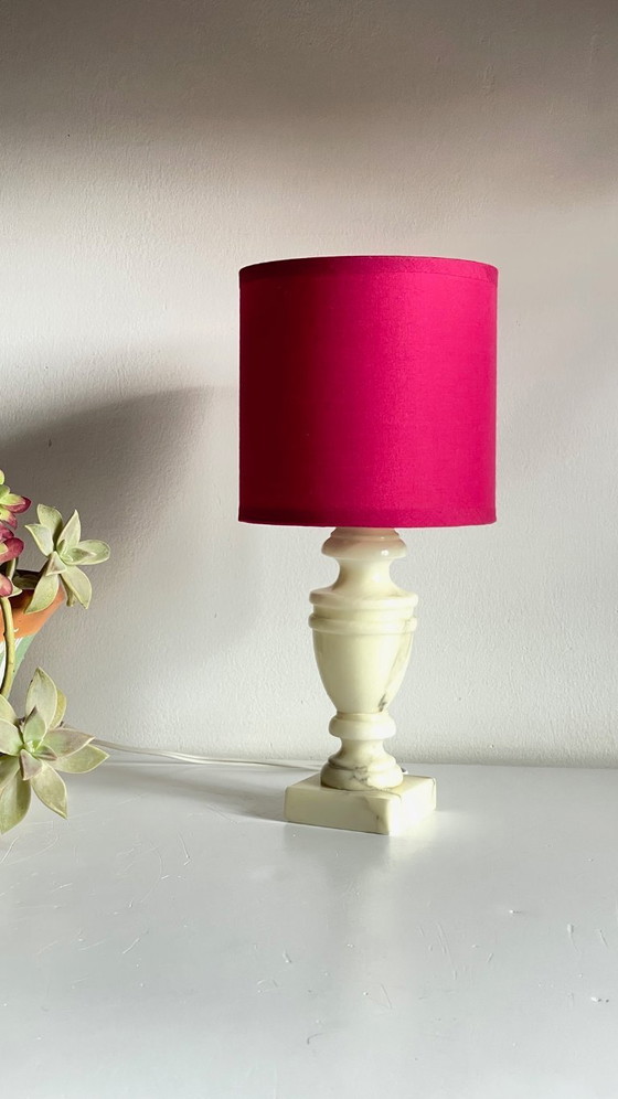 Image 1 of Vintage Marble and Fuchsia Fabric Lamp