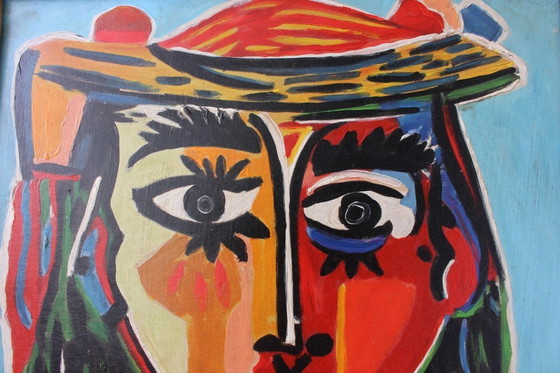 Image 1 of Ritratto a olio cubista/astratto d'epoca originale - Monogramma firmato