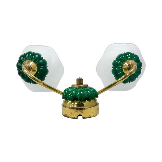 Image 1 of PRECIOSA double wall lamp | Czechoslovakia 1980s | malachite glass | brass | E14