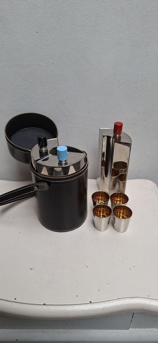 Bar de voyage vintage allemand Art Déco 3 bouteilles + 4 doses