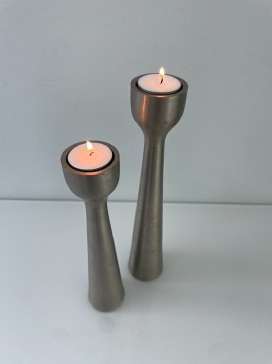 Image 1 of Scandinavian candlesticks of brushed steel – set of two