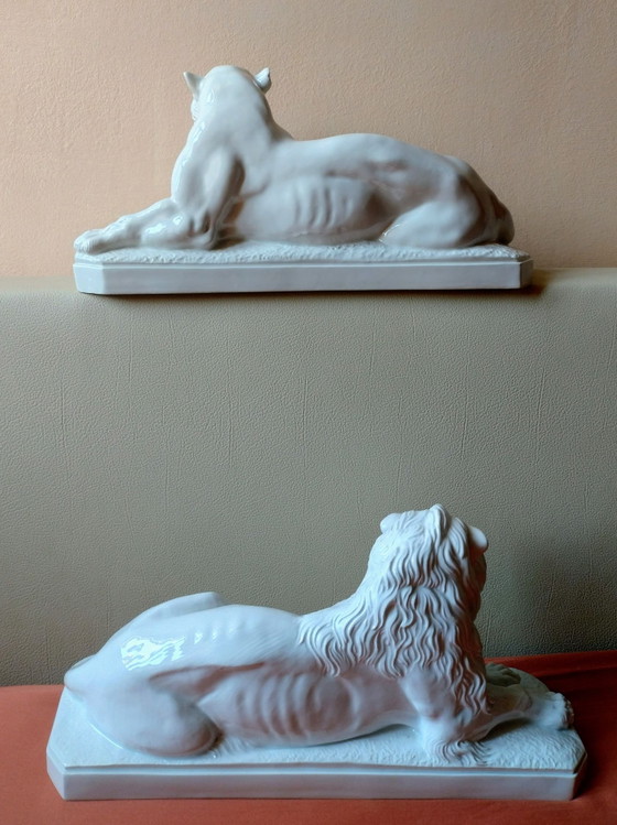 Rare Pair White Ceramic Lion Sculptures Mottahedeh Design Italy, Decorative Objects, Porcelain (photo 4 of 15)