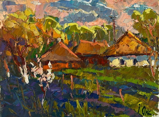 Origineel olieverfschilderij: Avondlandschap van een dorp. Licht en vreugde in elke ademhaling.
