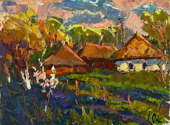Image 1 of Original Oil Painting Evening Village Landscape Light and joy in every breath of air