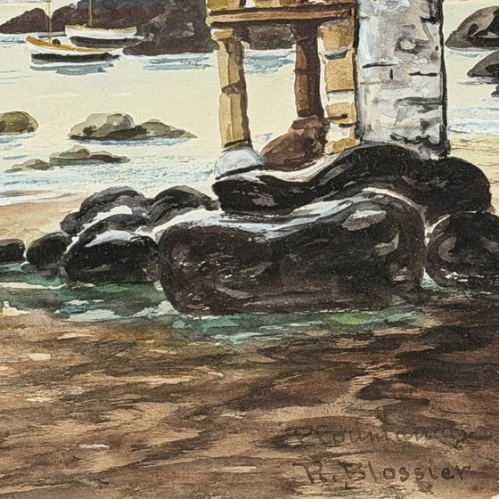 36.5x44 cm Aquarelle Antique Ploumanac'h R. Blossier | Art Mural Exclusif | circa 1920 – Peintures et dessins (photo 3 of 5)