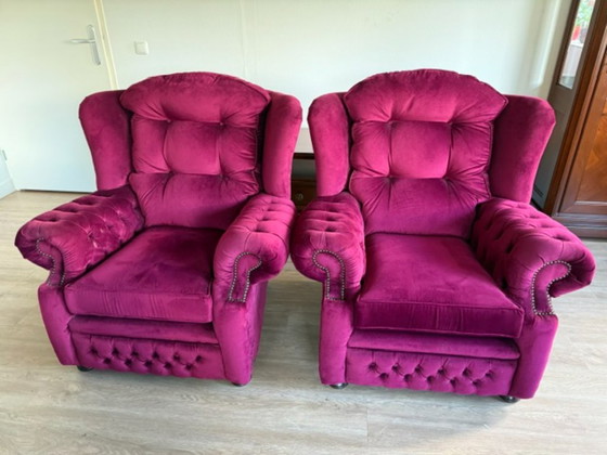 2x Englischer Springvale Chesterfield Suzanne Ohrensessel In Top Zustand! – Velvet (photo 5 of 6)