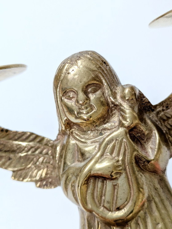 Image 1 of Midcentury Brass Candleholder, Winged Angel for 2 Candles, Christmas Brass Decor