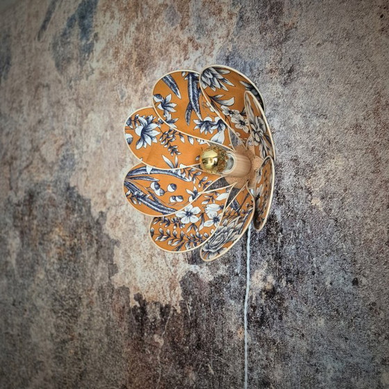 Image 1 of Flower wall lamp, Nymphéa model, 8 petals in rattan and fabric (customizable shade)