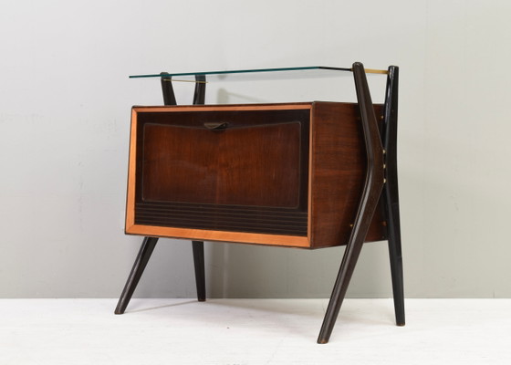 Meuble bar / Meuble à cocktails attribué à Vittorio Dassi - Italie, années 1950, Métal, Verre, Marron (photo 5 sur 16)