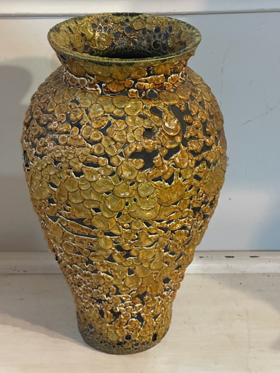 Large textured glazed ceramic vase, 60s/70s - H 40 cm, Yellow (photo 6 of 11)