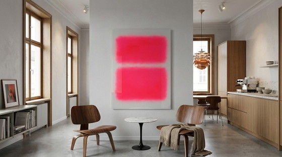 Dipinto astratto a campi di colore nei toni del grigio, rosa e rosso – neon | Arte fluorescente | XXL 0,8 cm (photo 2 of 8)