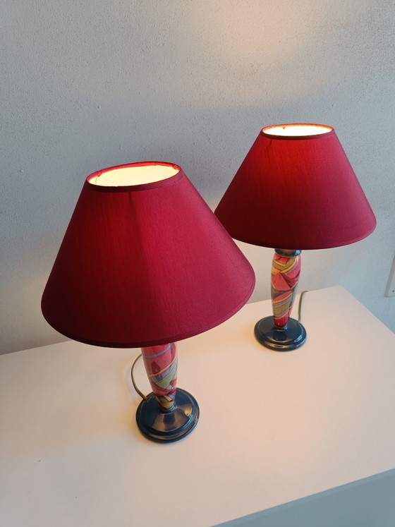 Een paar Oliver Corro postmoderne keramische tafellampen met originele lampenkappen – jaren 80 – Ceramic (photo 7 of 11)
