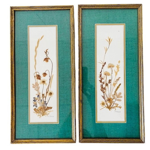 Set of vintage dried flower paintings turquoise