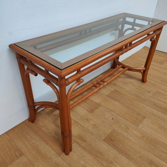 Image 1 of Vintage Rattan Side Table with Glass Top