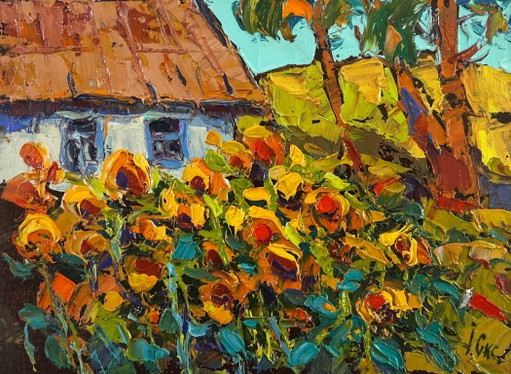 Pintura al óleo original Paisaje de flores de pueblo Canción amarilla del verano