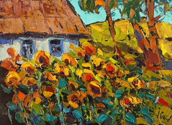 Image 1 of Original Oil Painting Village Flowers Landscape Yellow song of summer