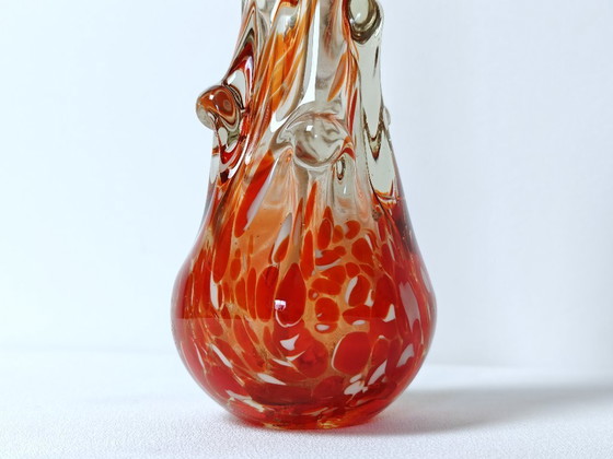 Image 1 of Vintage Hand Blown Art Glass Vase / 1970s Sommerso Style Orange Red Swirl / Retro Murano Look Decorative Vase / 