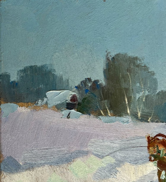 Image 1 of Original Oil Painting Winter Field Landscape Winter journey with a horse