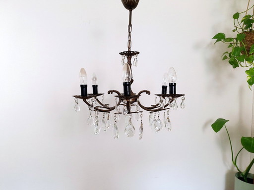 Lampadario antico francese in ottone con gocce di cristallo, lampadario da sala da pranzo in stile barocco a 6 luci