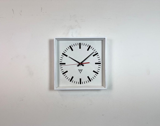 White Industrial Square Wall Clock from Pragotron, 1970s