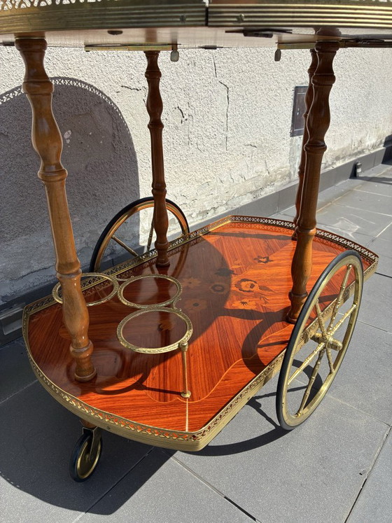 Carrello bar italiano in intarsio e ottone, metà del XX secolo, Carrelli bar, Legno, Marrone, 1950 (foto 4 di 8)