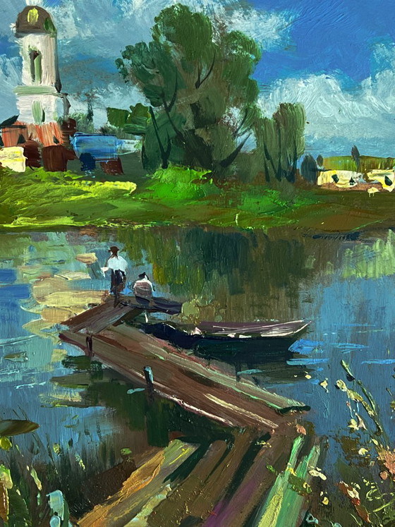 Original Oil Painting Impressionistic River Landscape Painting Bridge over the River, Paintings & Drawings (photo 8 of 11)