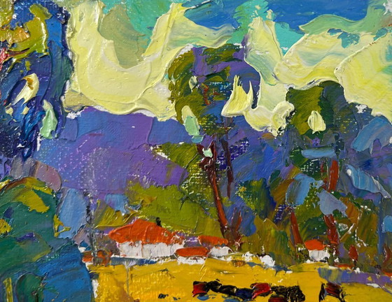 Image 1 of Original Oil Painting Evening Village Landscape When it gets dark